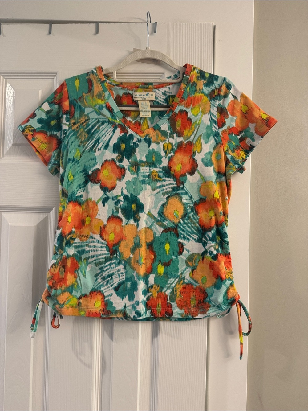 Caribbean Joe Teal Floral V-Neck Short Sleeve Top with Side Ties
